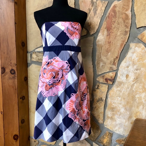 Vintage LILLY PULITZER Bowen Dress Gingham Embroidered Strapless Lined (6) - Picture 3 of 17